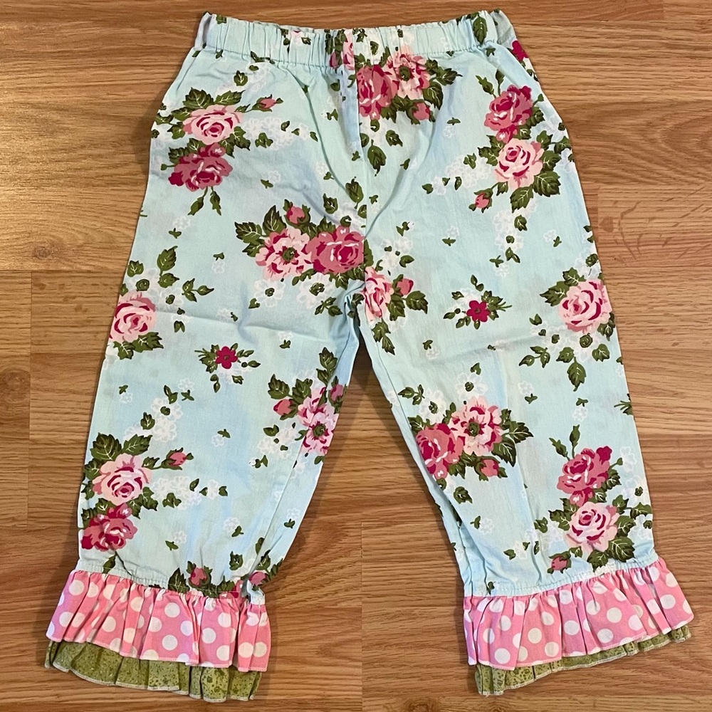 My Vintage Baby Girls 6 Light Blue/ Pink Floral/ Dots Ruffle Hem Capri Pants.
